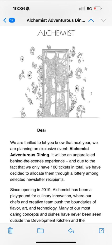 Alchemist adventurous dining - reservation exchange
