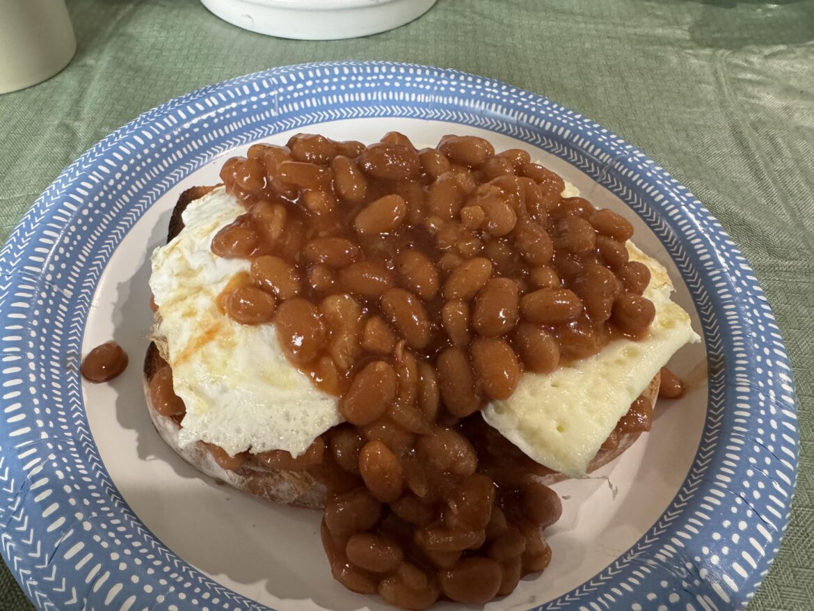 Beans on eggs on beans on toast