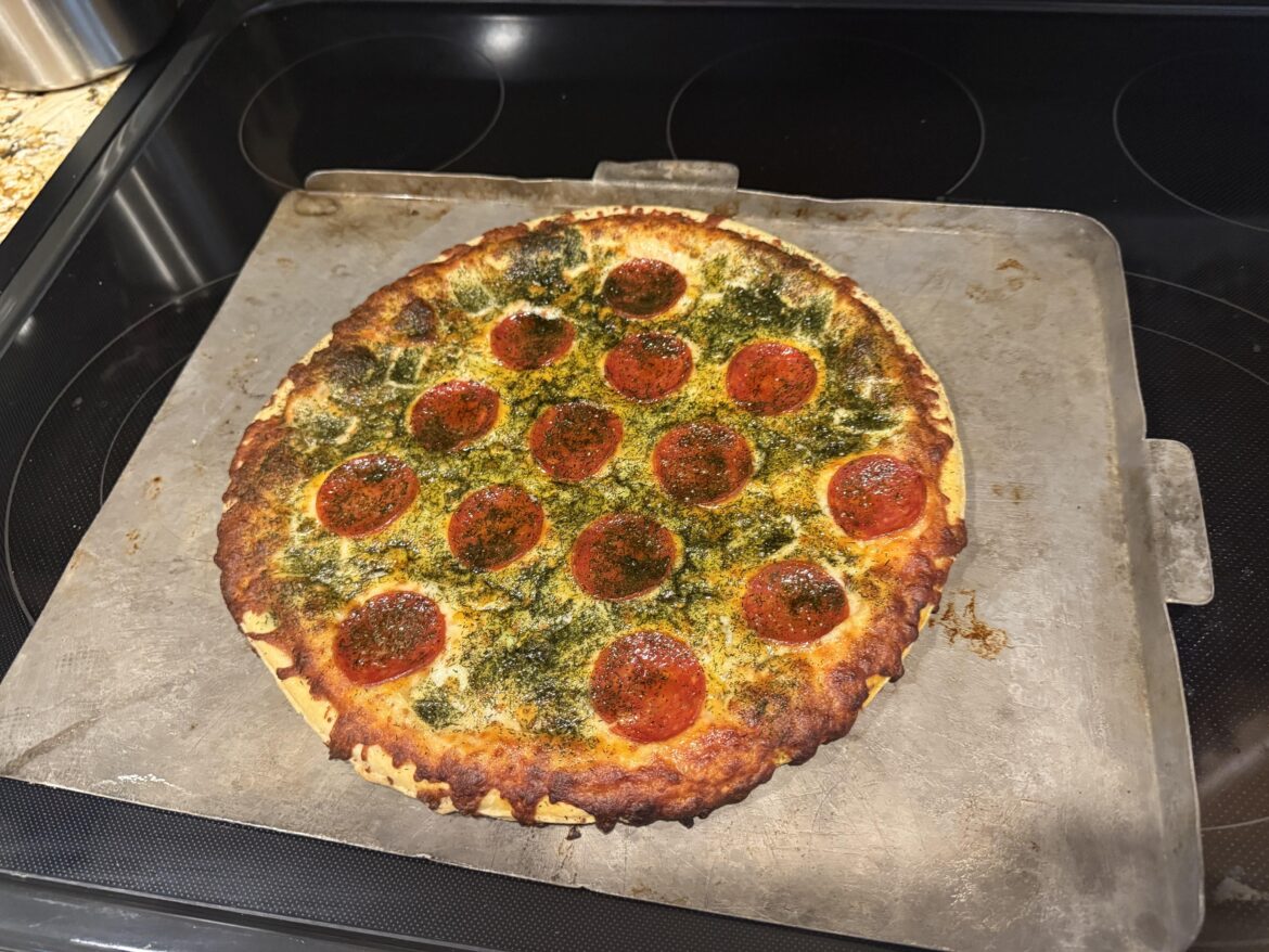 Frozen pepperoni pizza, dots of yellow mustard, thin slices of ginger, a lot of dill