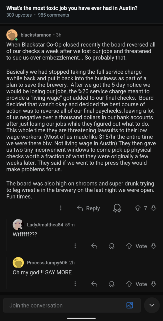 X-post comment from /r/Austin "most toxic jobs" - Blackstar Co-Op