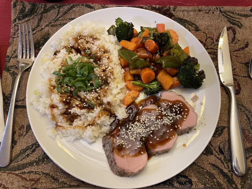 Pork filet with Bulgogi sauce, roasted vegetables and lemon rice. One of our favorites! (With modifications of course)