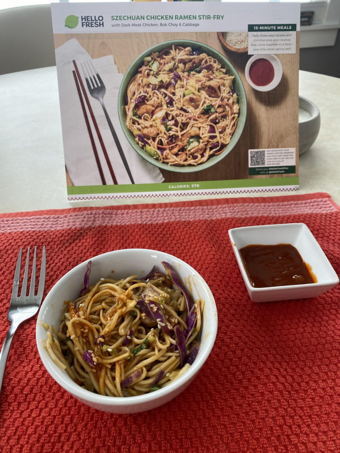 Szechuan Chicken and Ramen mi noodles with cabbage and Bok choy.