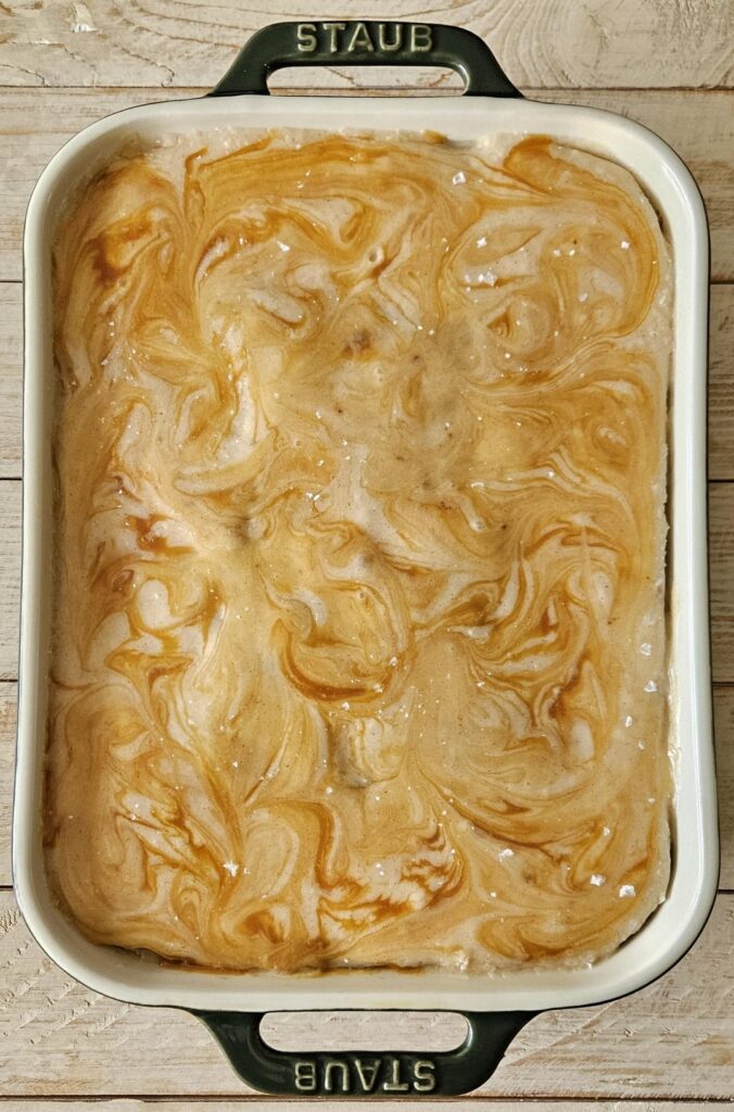 Banana cake with brown butter frosting and salted caramel swirl