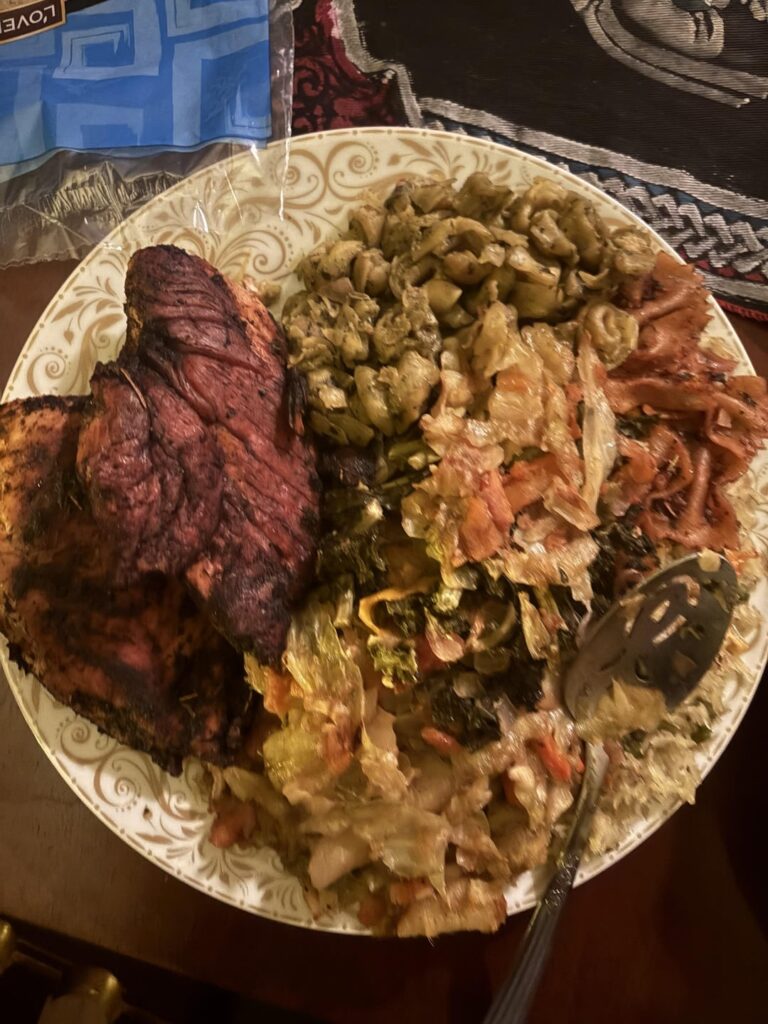 How many calories is this meal (about 1.5 ibs of chicken breast) home cooked rice and pasta/cabbage with potatoes and carrots/and kale