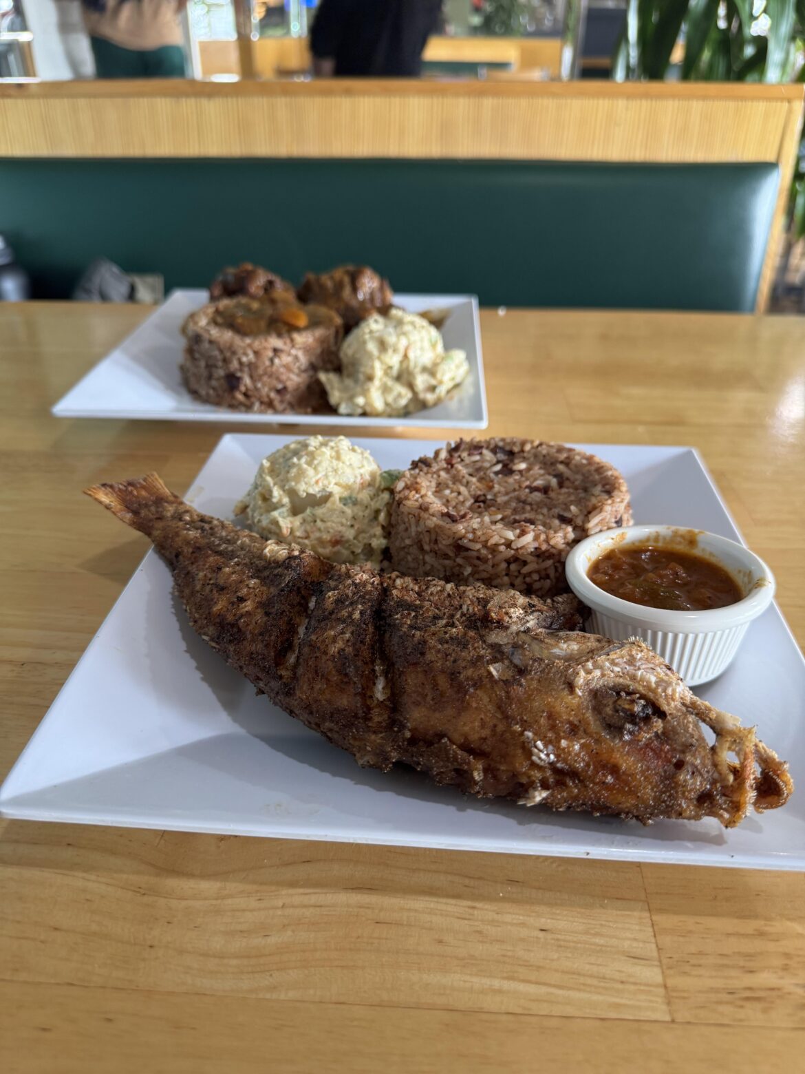 Fried red snapper and oxtail with red beans & rice and potato salad, Little Belize Restaurant in Inglewood