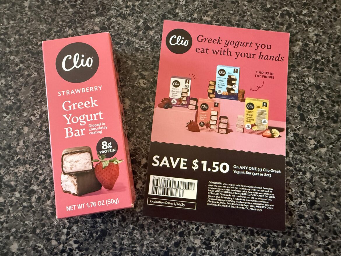 Freebie sample with coupon in today’s box: Clio strawberry Greek yogurt bars.
