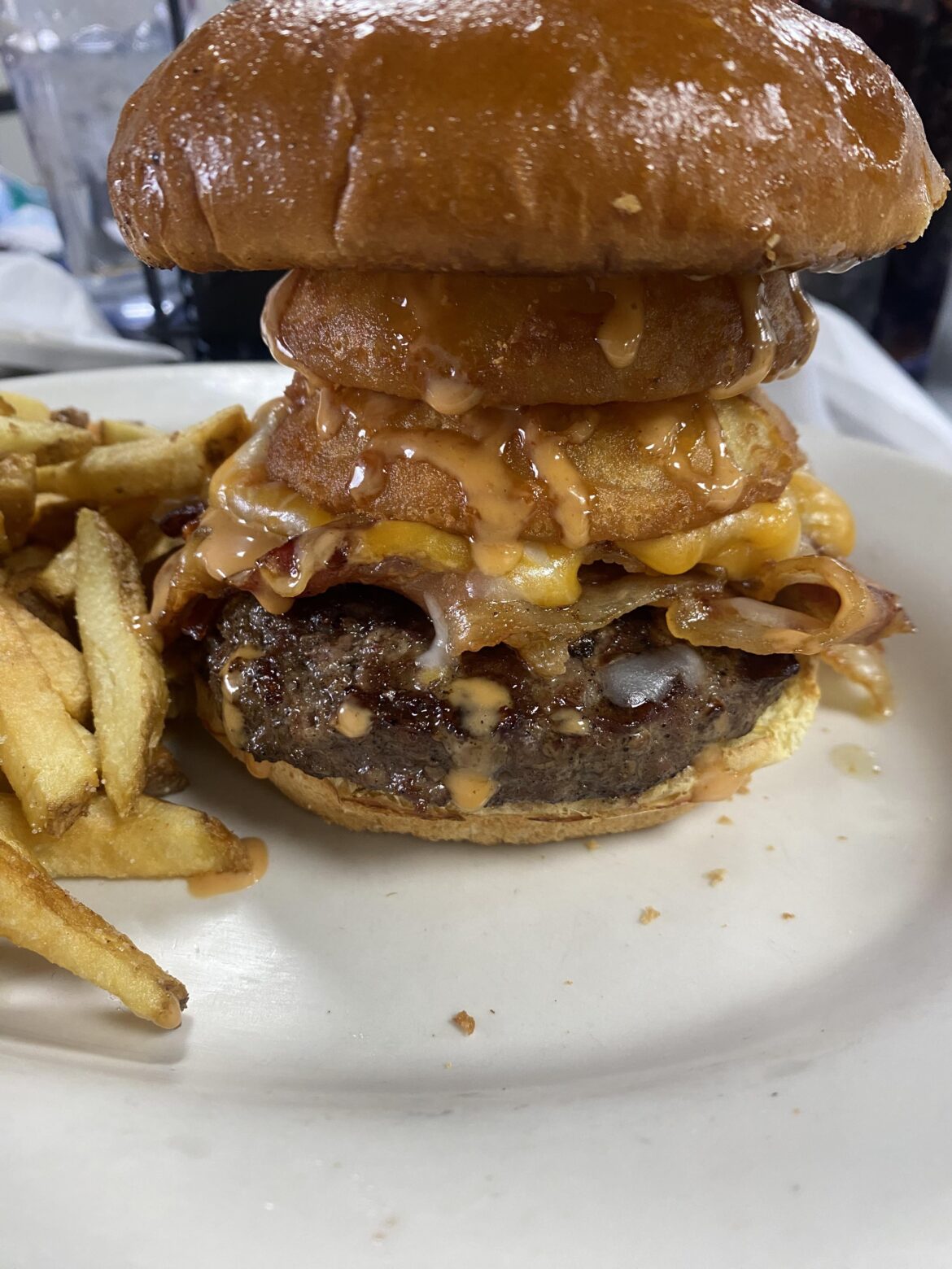 Onion ring burger from a local spot