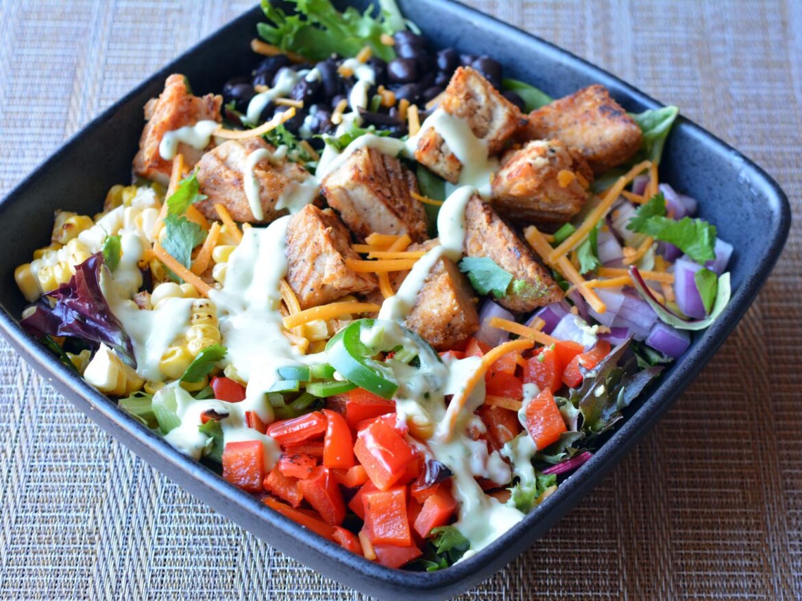 Southwest style salad with crispy chik'n cutlet and cilantro dressing (376 cal, 24 P)
