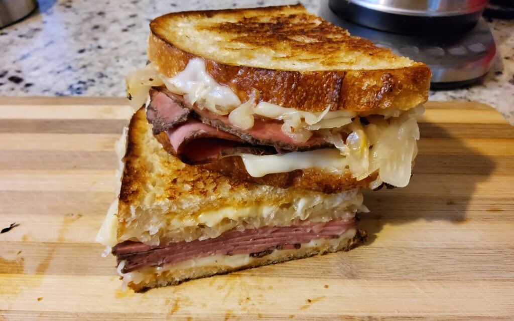 Deli pastrami was on sale so I made a nice Reuben melt with sourdough.