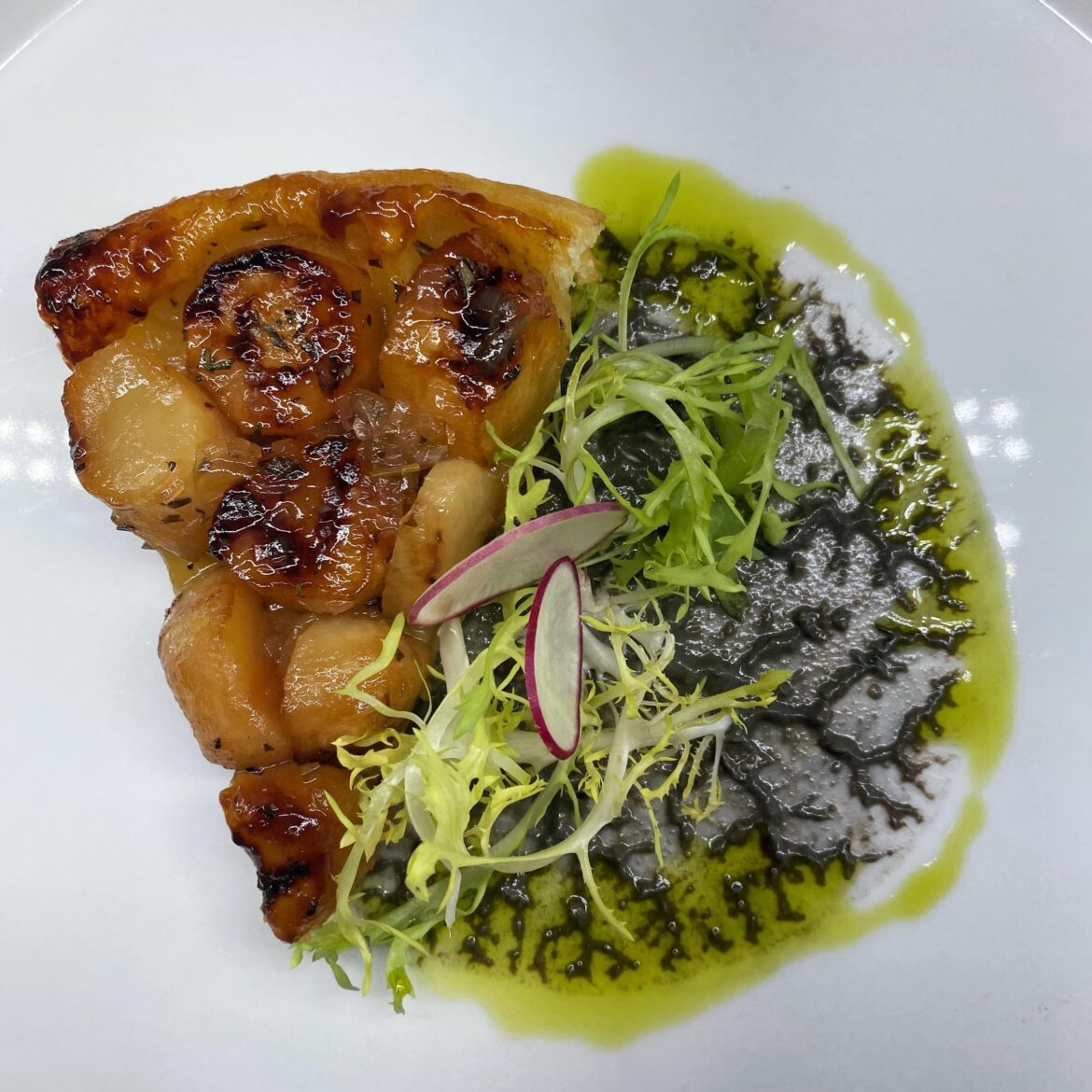 Sunchoke tart tatin, goat cheese & olive purée