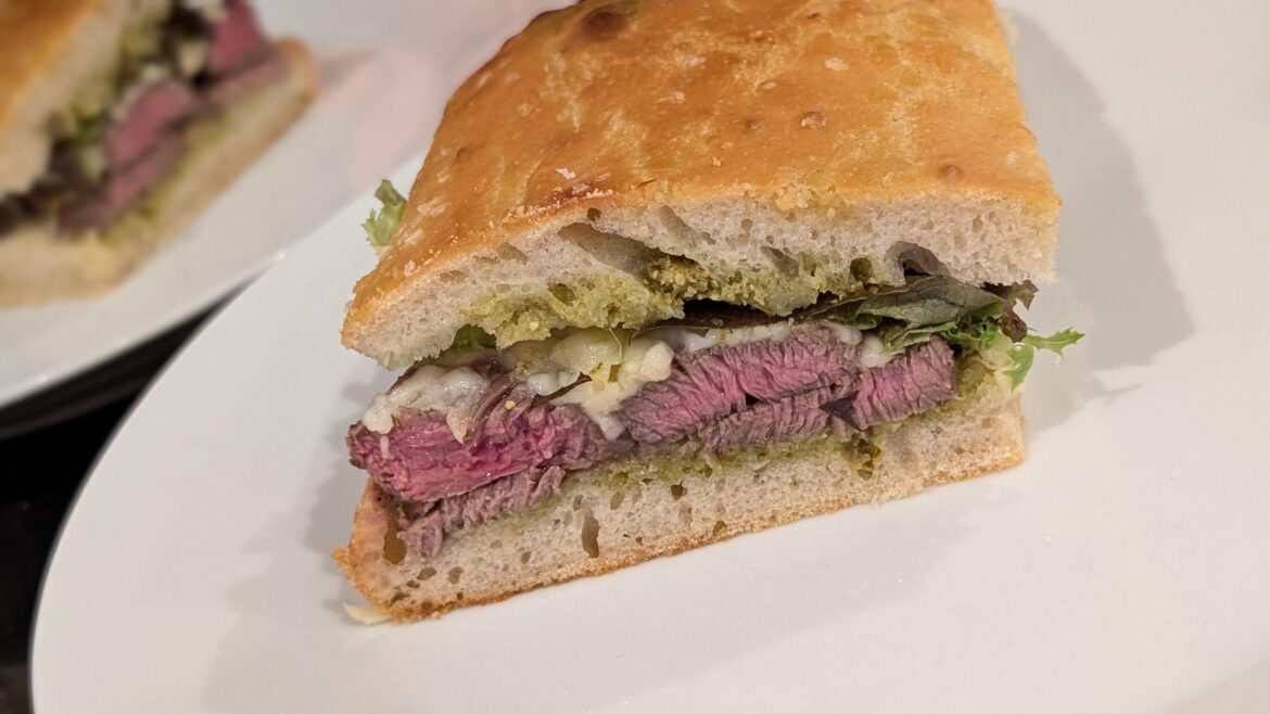 Focaccia, steak and a little mozzarella sandwich