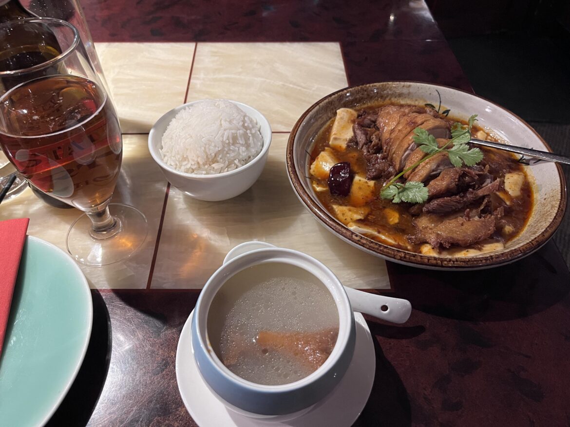 Chicken and Chanterelle broth for starter and Crispy Duck and Tofu Jelly Szechuan soup
