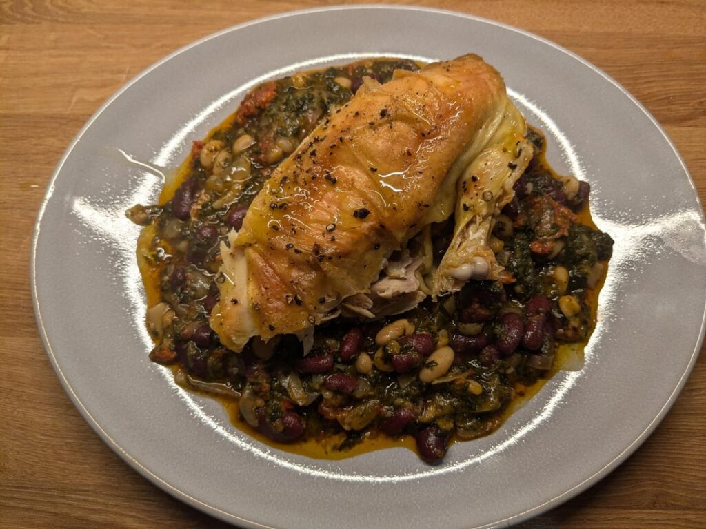 Chicken, with Nduja beans and spinach
