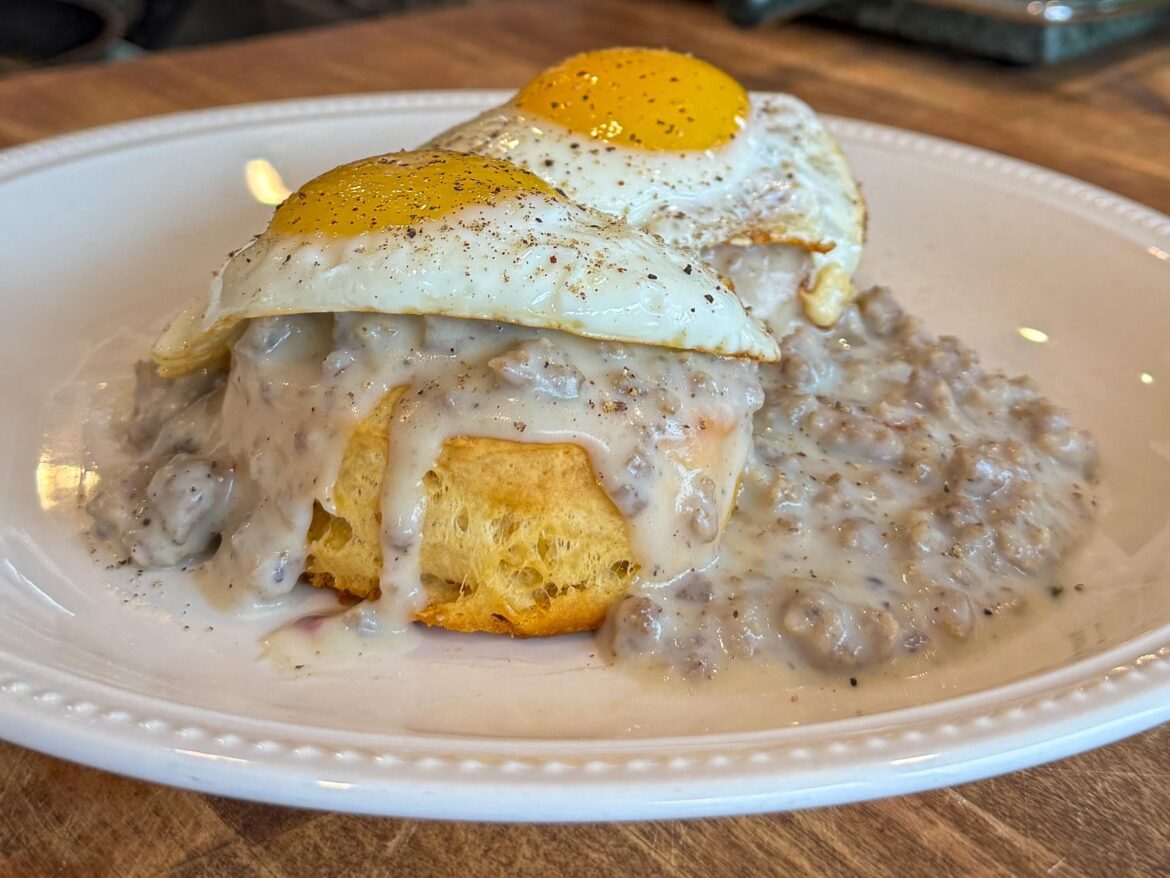 Biscuits with Sausage Gravy, Sunny-Side-Up Eggs