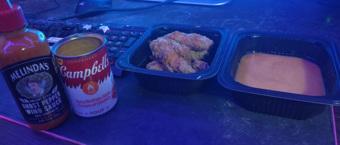 Dipping my spicy chicken into spicy cream of chicken soup