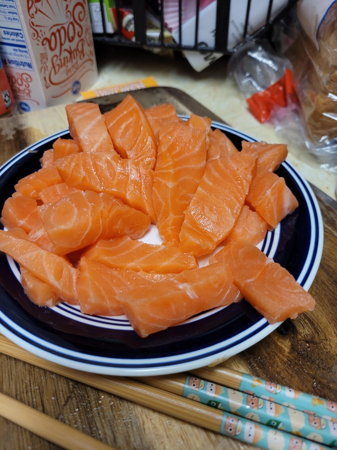 Sashimi style salmon w rice and Tamari for dipping tonight