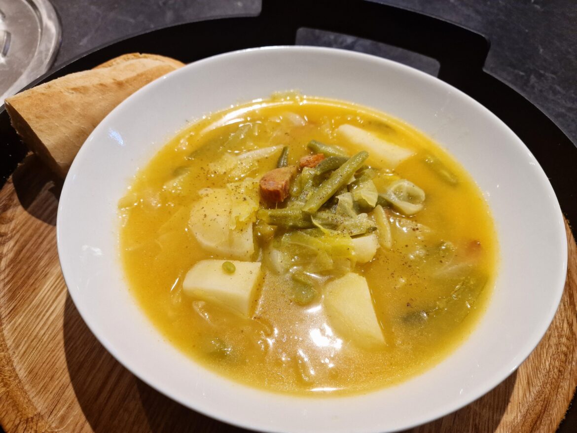 Chorizo, cabbage, green bean and potato soup