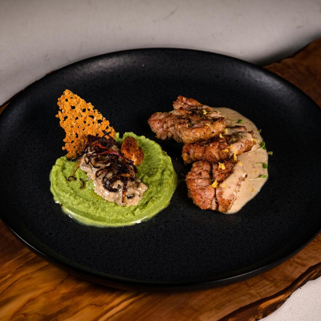 Sweetbreads, lemon sauce, elevated greenbean casserole.