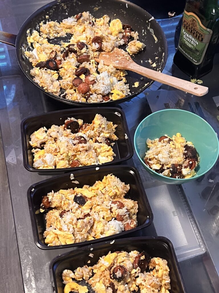 Portuguese sausage with egg. Rice bowl.