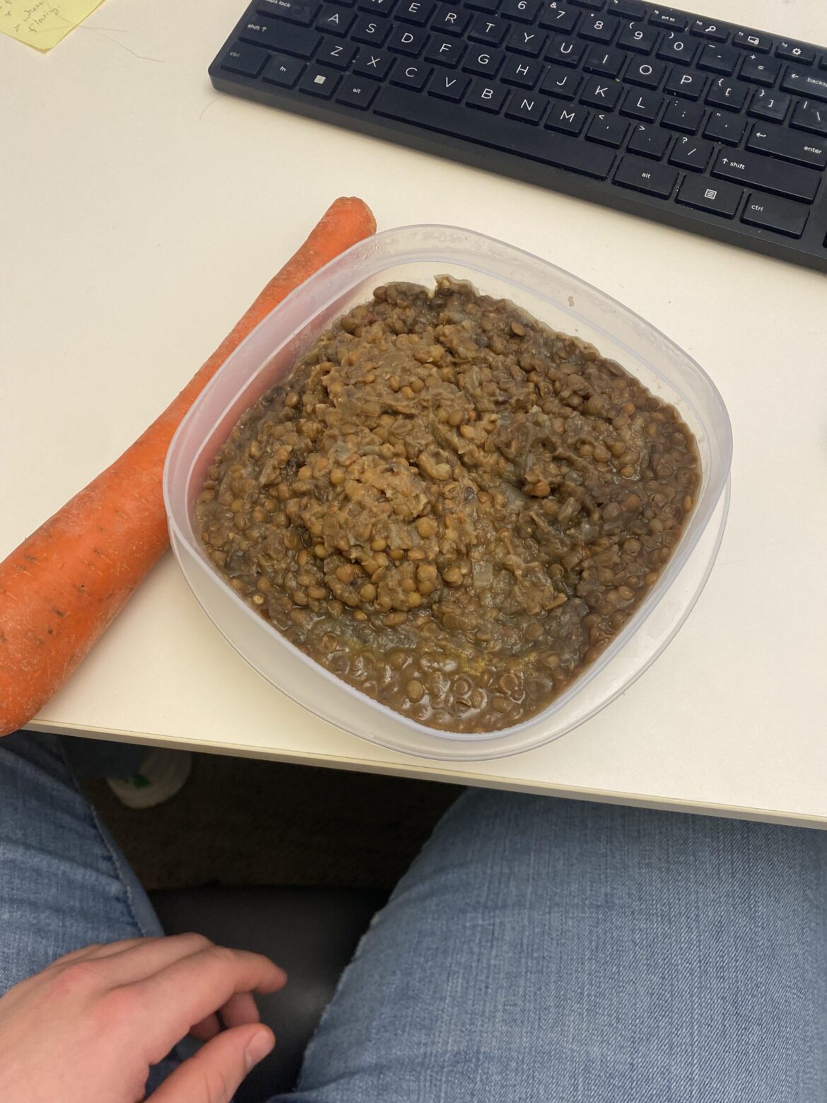 Lentil “chili” and a carrot for lunch.