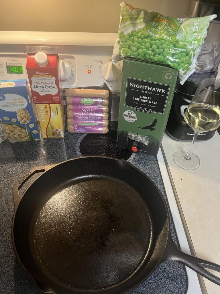 easy pea-sy mac n cheese-y with caprese sausage