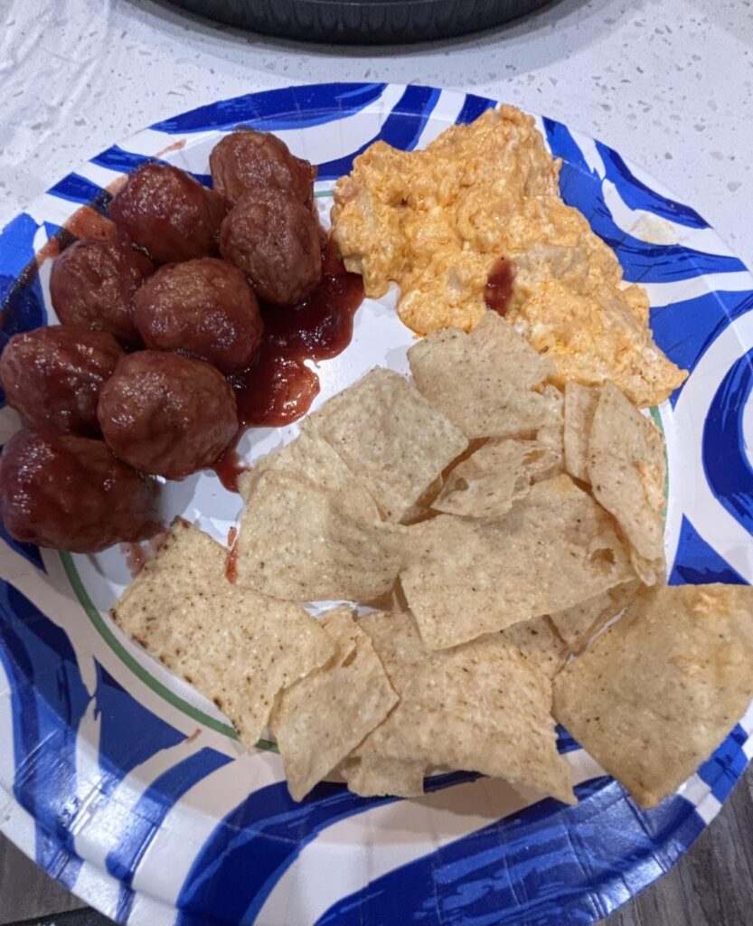 calorie estimates? crockpot meatballs, buffalo chicken dip, tortilla chips and a slice of cookie cake