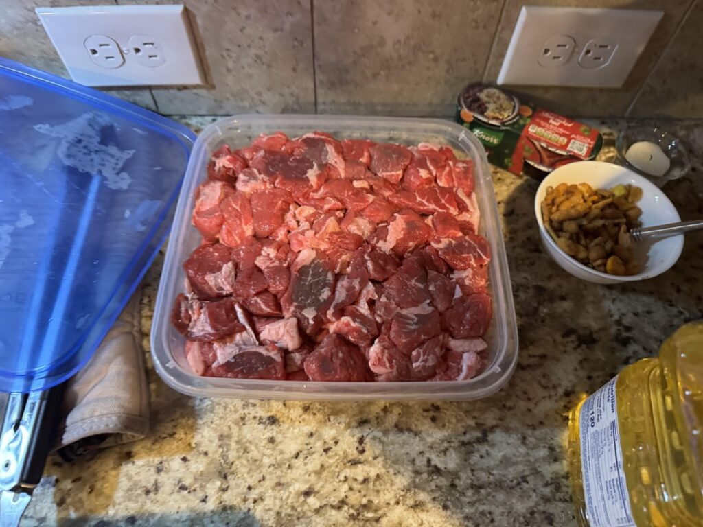 10 years ago I went to England for the first time and had a “deconstructed” steak and stout pie.  Tonight I made it for some close friends.