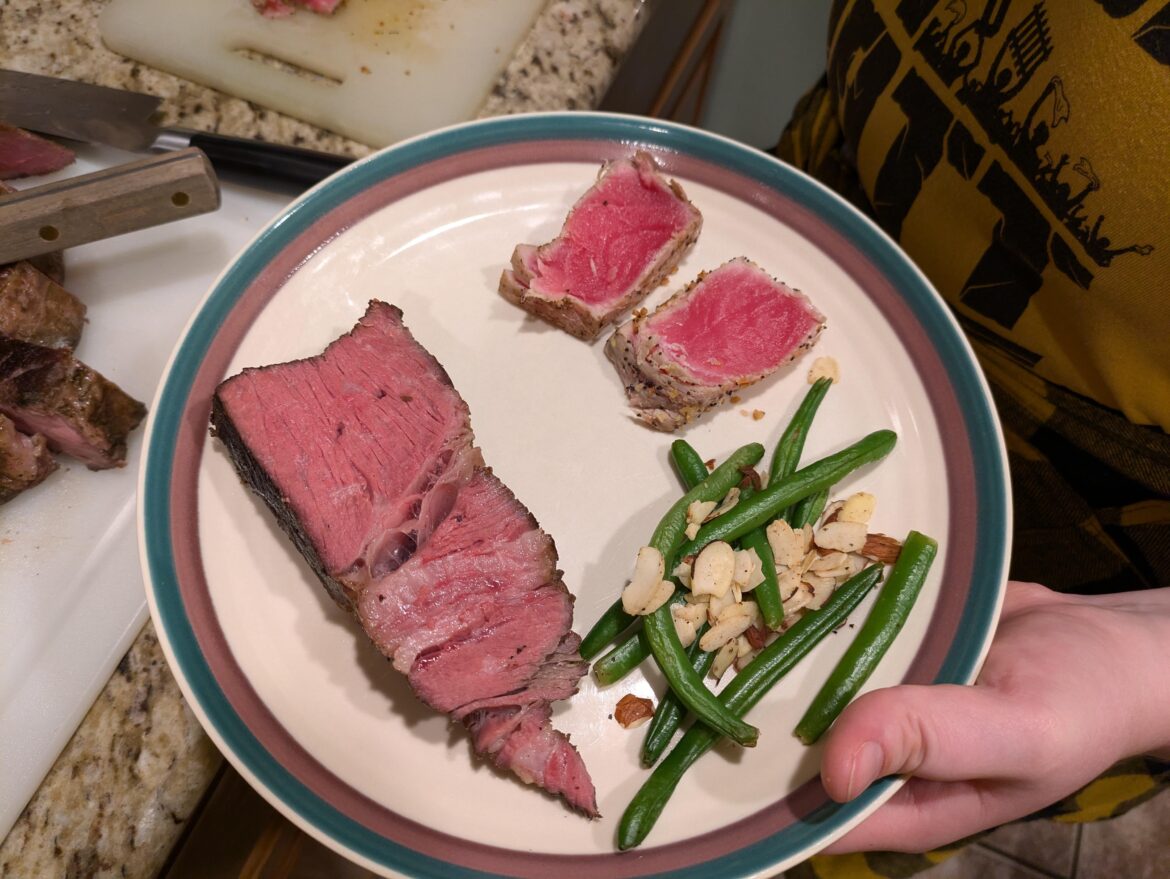 Confession time, I never ice bath/freeze post sous vide. I don't see the point, gray band is never an issue with a properly hot pan/grill. Recent 30 hour Charles roast for evidence, ignore tuna it was just a sear.