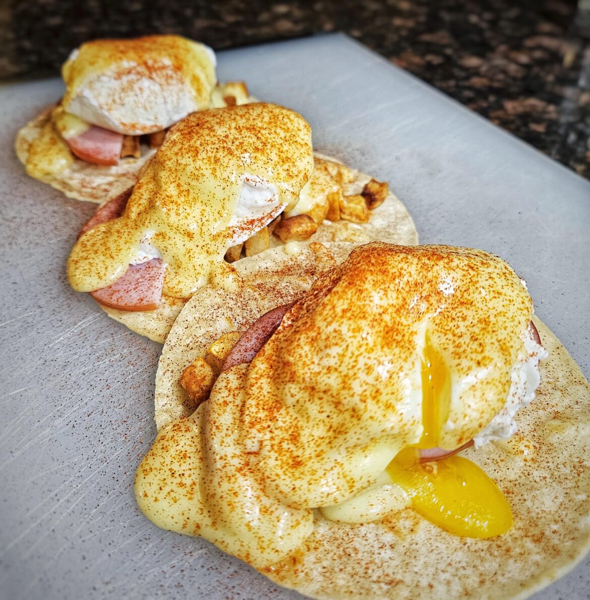 Eggs Benedict breakfast tacos.