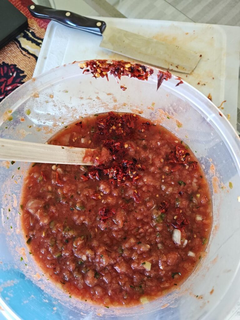 Final addition of minced Arbol Chili pods to my non El Pato salsa!