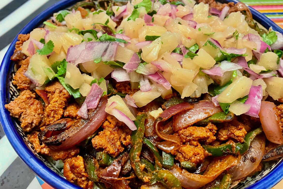 Tex-Mex Turkey Bowls with Pineapple Salsa, Green Pepper & Cilantro Lime Rice