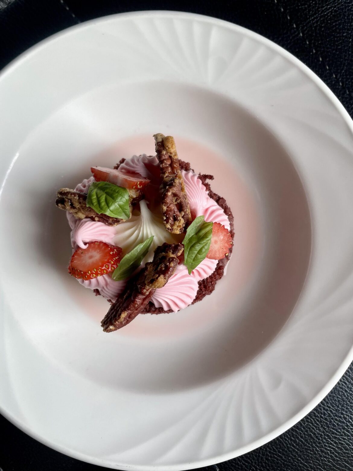 Red velvet cake, candied pecan, cream cheese, strawberry syrup, basil