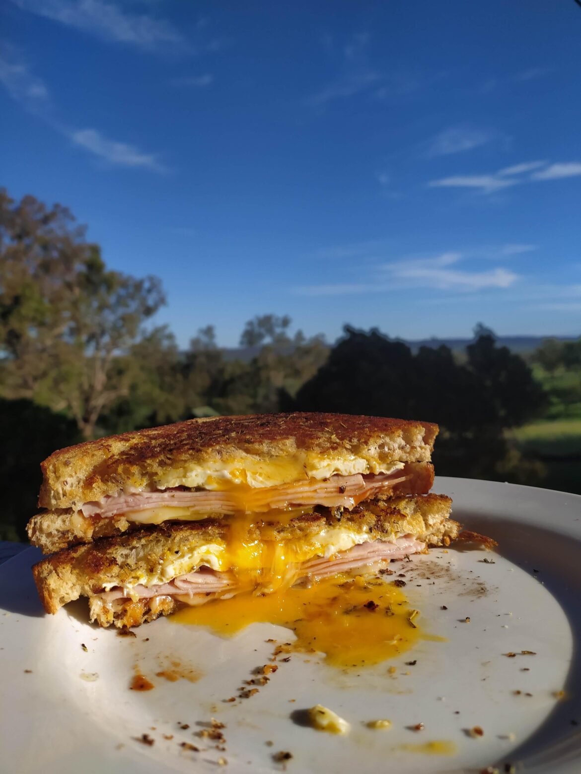 Ham, cheese and egg toastie on the farm