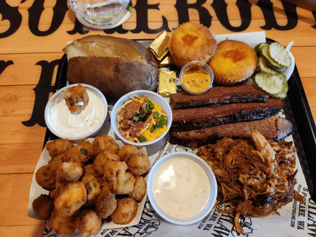 One pound of meat, two sides 28 bucks.