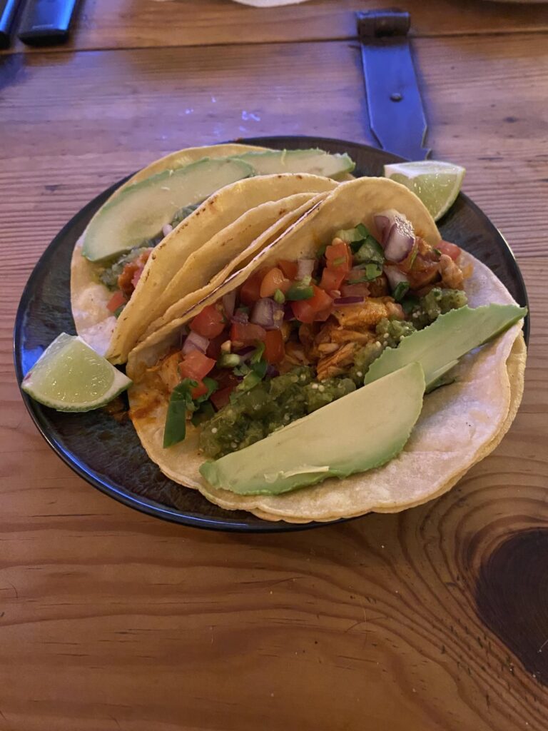 Adobo chicken tacos with pico de gallo and salsa verde