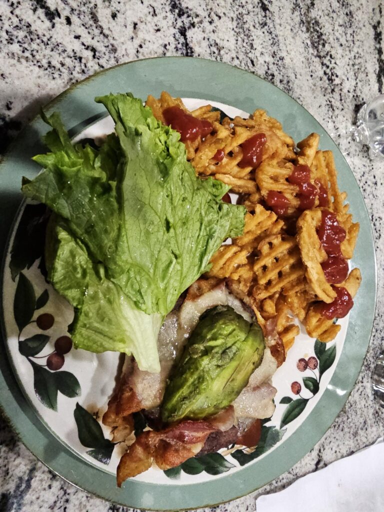 Avocado Bacon CheeseBurger with Waffle fries.