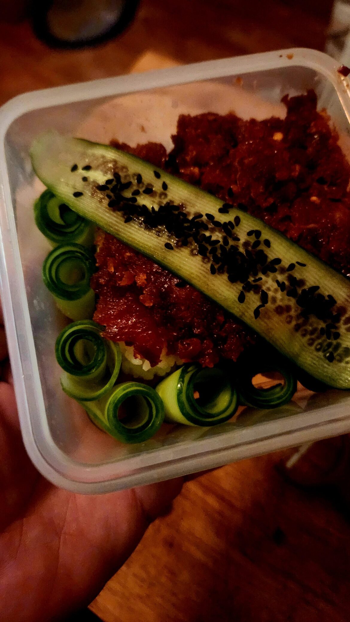 My daughter wanted sushi for school lunch. Made her a sushi bowl (Spicy Tuna). Cut some nori into squares and put them on the side.