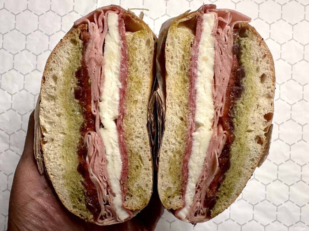 Mortadella and mozzarella on homemade hard roll