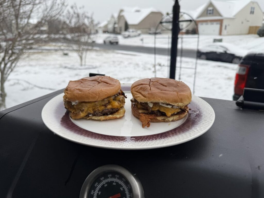 Grilled smash burgers in the Virginia snow