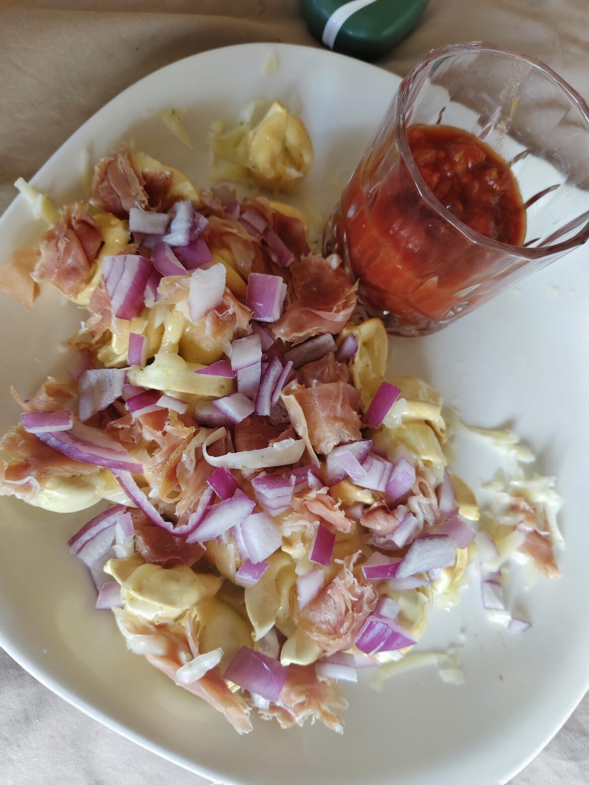 I air fried beef tortellini & covered it with red onions and prosciutto. Salsa on the side