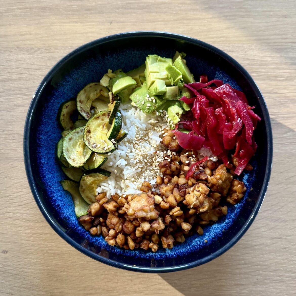 Today’s Buddha bowl with tempeh crumble, avocado, kimchi, zucchini and rice Today’s Buddha bowl with tempeh crumble, avocado, kimchi, zucchini and rice