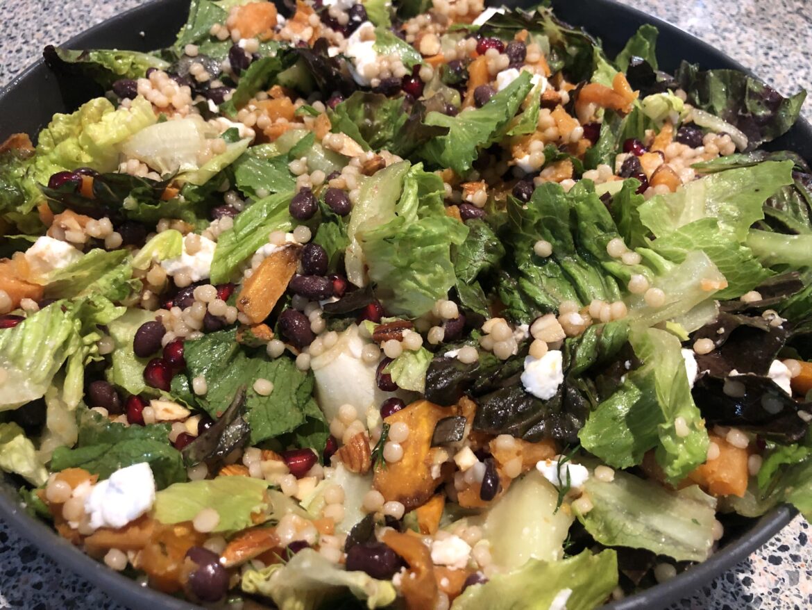 Sweet Potato and Pomegranate Salad (with DF cheese)