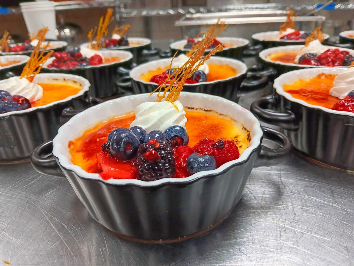Creme brulee with macerated berries-vanilla chantilly cream-caramel