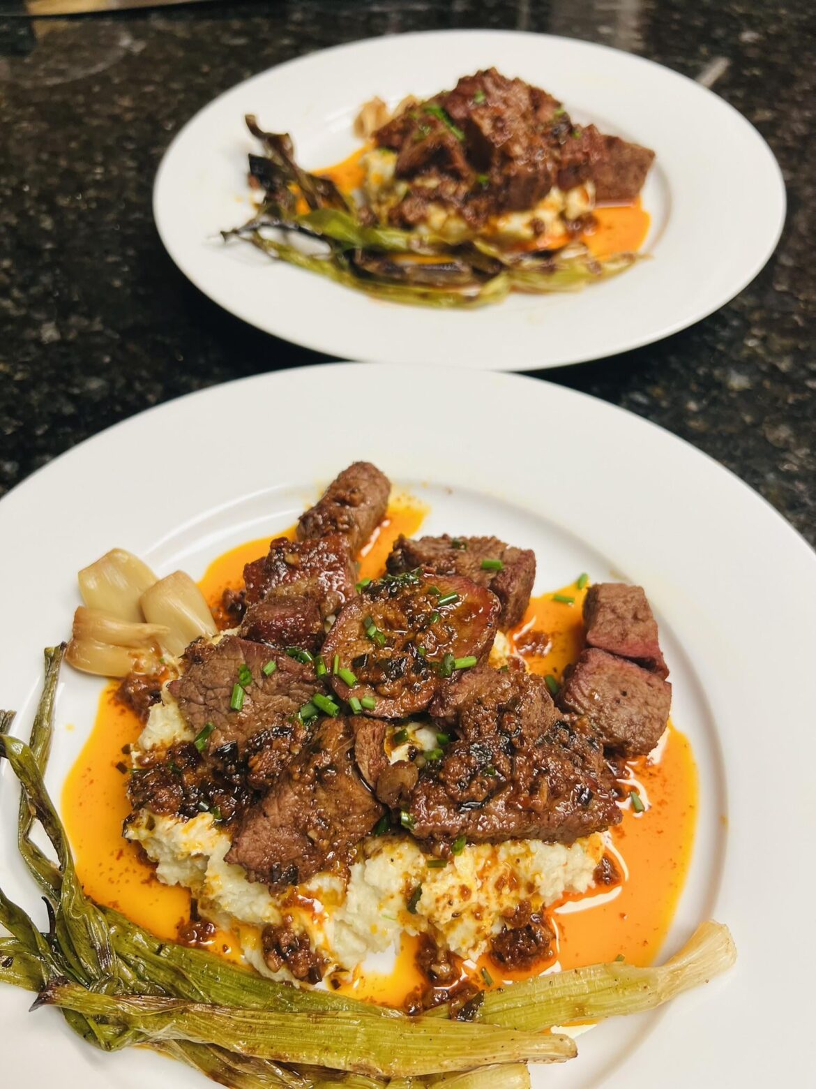 Cowboy Steak Bites with Mashed Garlic Cauliflower