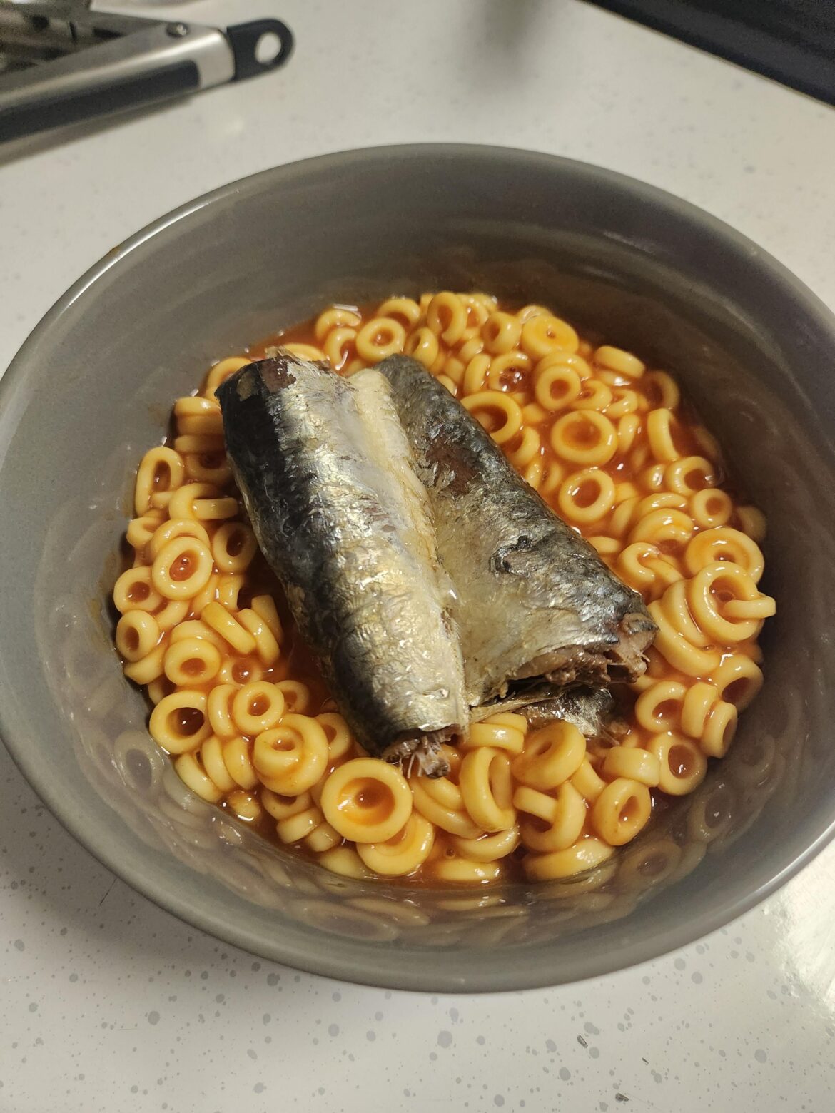 Sardines and spaghetti-os, ate it cold