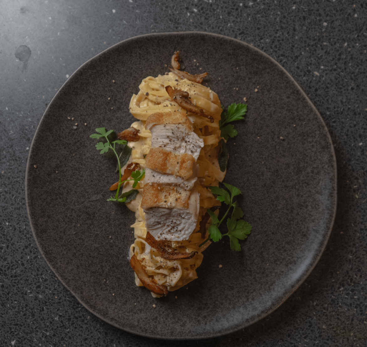 Fresh Egg Tagilatelle, Pan Seared Chicken, White Wine Sauce, Sage & Oyster Mushrooms