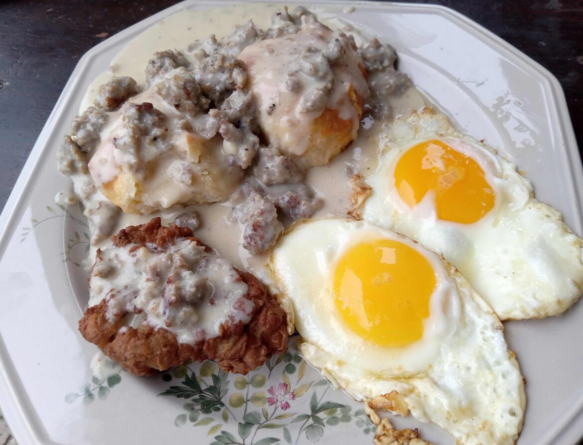 A "Well-Balanced Breakfast" is Beef, Pork, and Chicken (sausage gravy & biscuits, chicken fried steak, and eggs - for example)