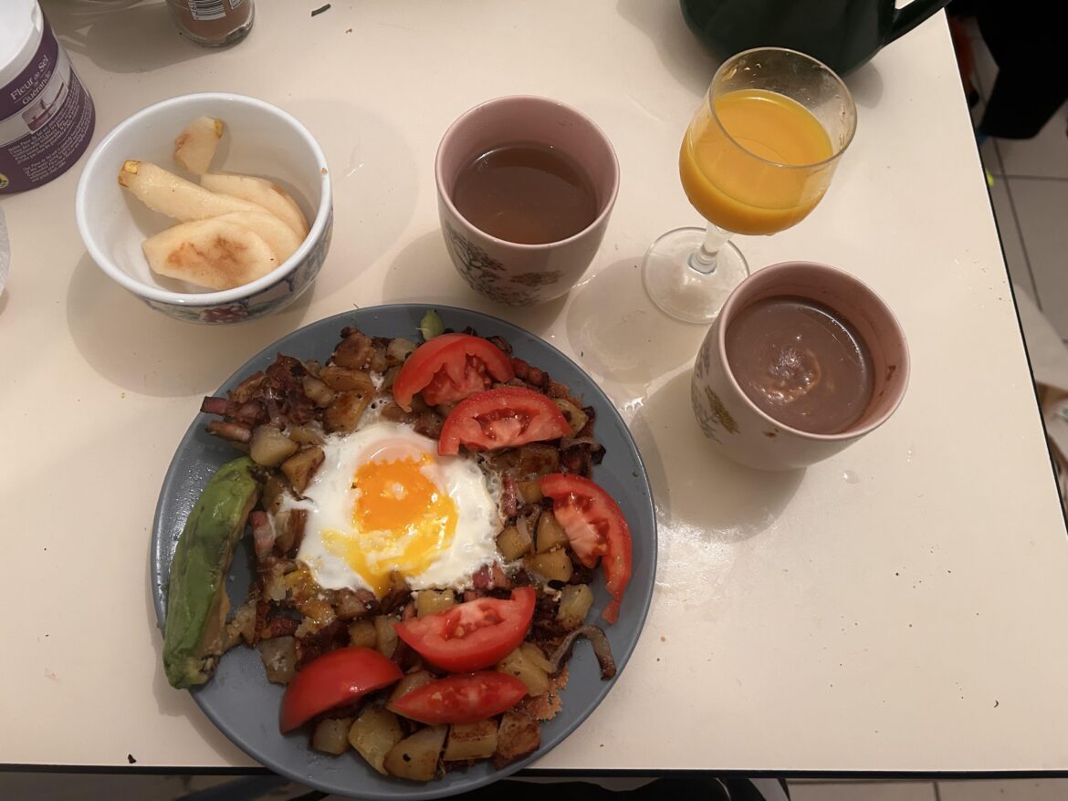 Breakfast hash with a fried egg
