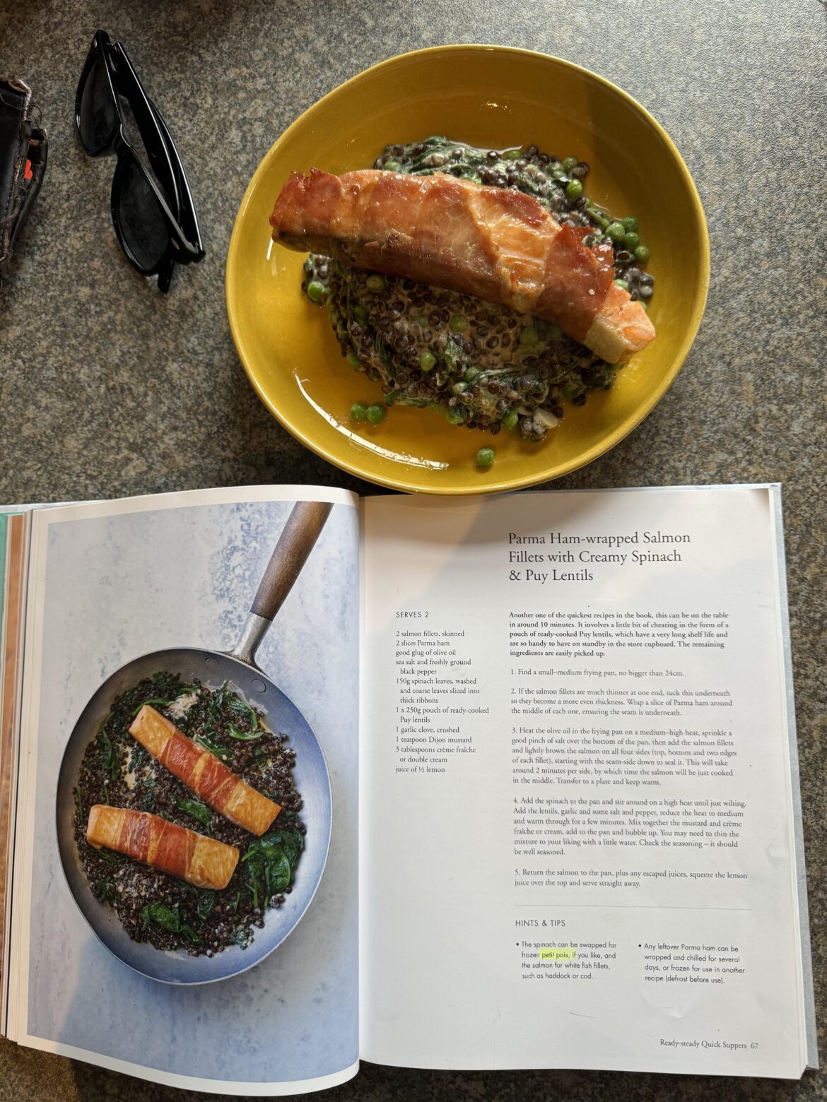 Parma Ham Wrapped Salmon Filets with Creamy Spinach & Puy Lentils