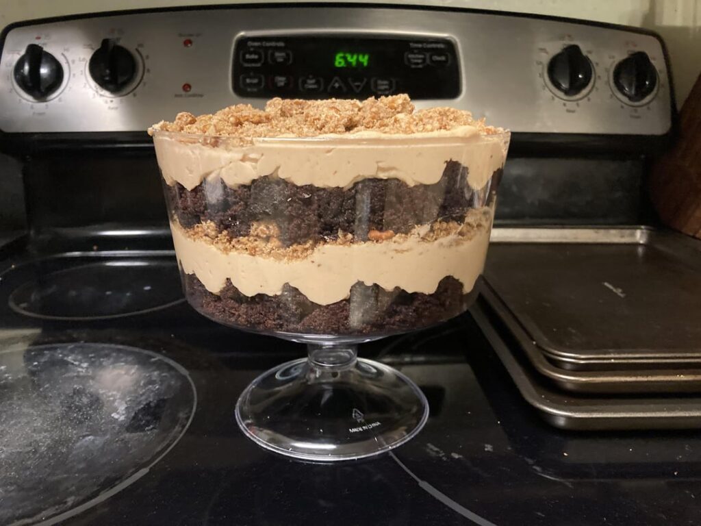 When you have loads of chocolate cake left in the freezer after making your friend a birthday cake, you make a trifle obviously.  Rich chocolate cake, peanut butter mousse, and pretzel crust crumble.